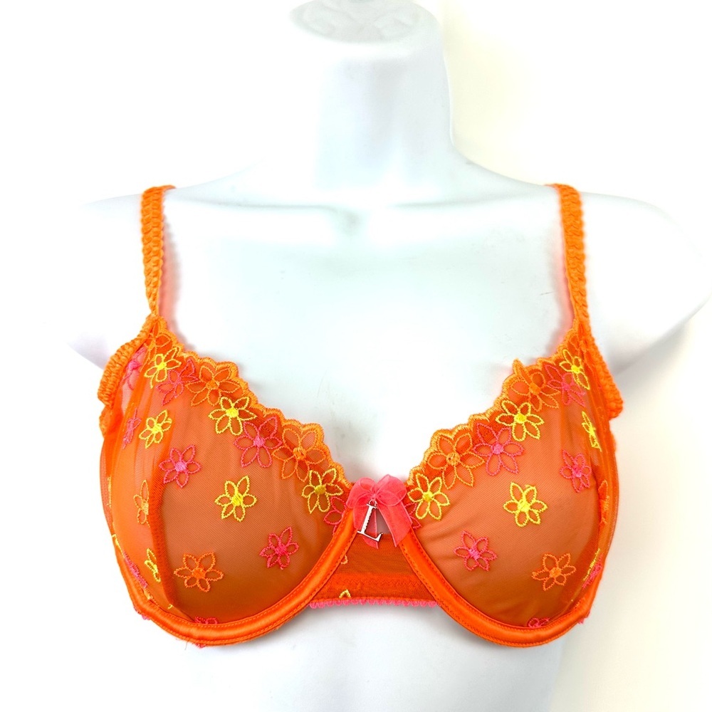 Lounge Neon Orange Balcony Bra 34D floral sheer underwire NWOT